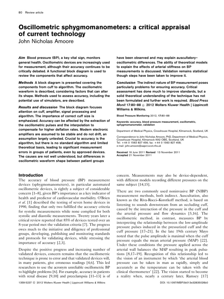 Amoore 2012 - A Critical Appraisal of Oscillometric Sphygmomanometers ...