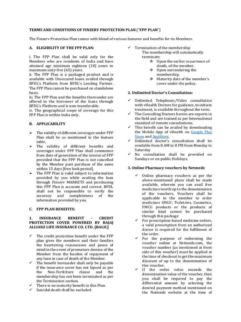 Finserv Protection Plan Terms & Benefits | PDF | Insurance | Loans