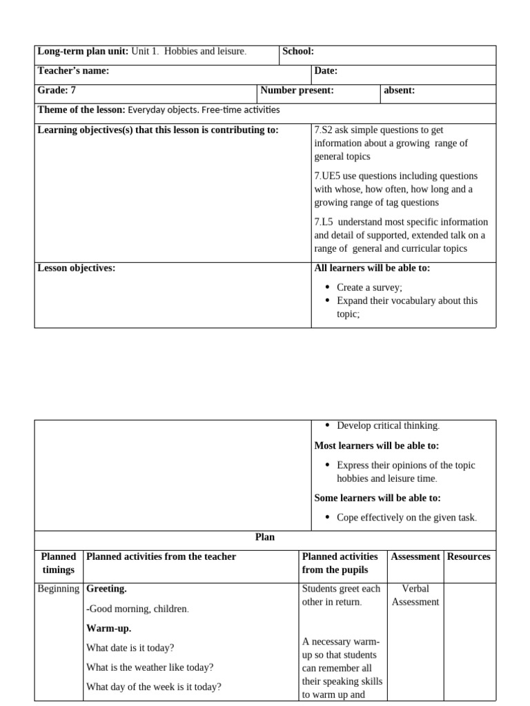 Hobbies and Leisure Lesson Plan | PDF | Human Communication | Learning