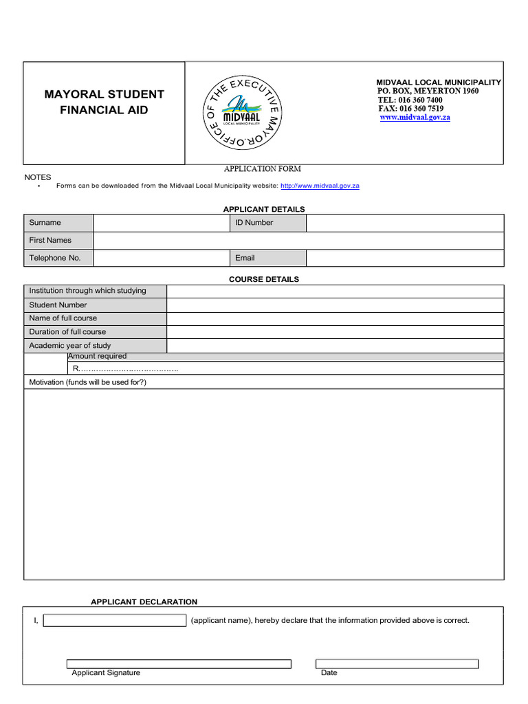 Midvaal Municipality Student Aid Form | PDF | Telecommunications ...