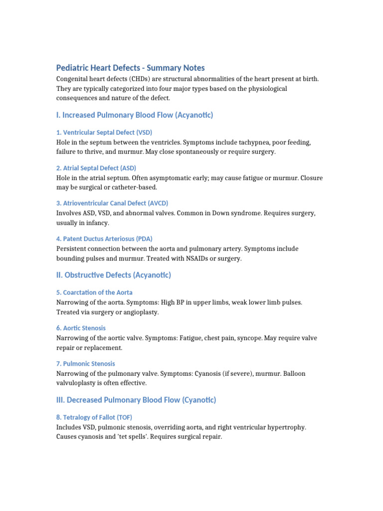 Pediatric Heart Defects Notes | PDF | Congenital Heart Defect | Heart