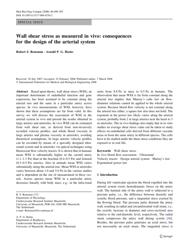 Wall Shear Stress As Measured in Vivo - Consequences For The Design of ...