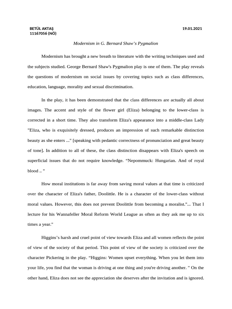 Modernism in Shaw's Pygmalion Analysis | PDF | Pygmalion (Play)