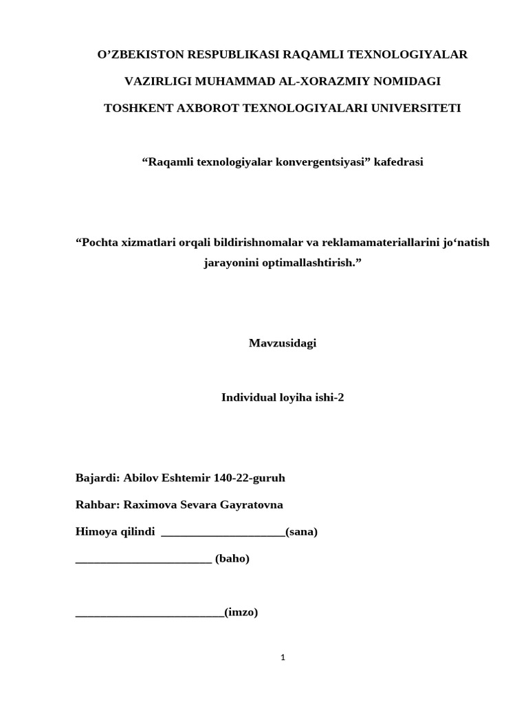 Pochta Xizmatlari Lazizbek | PDF