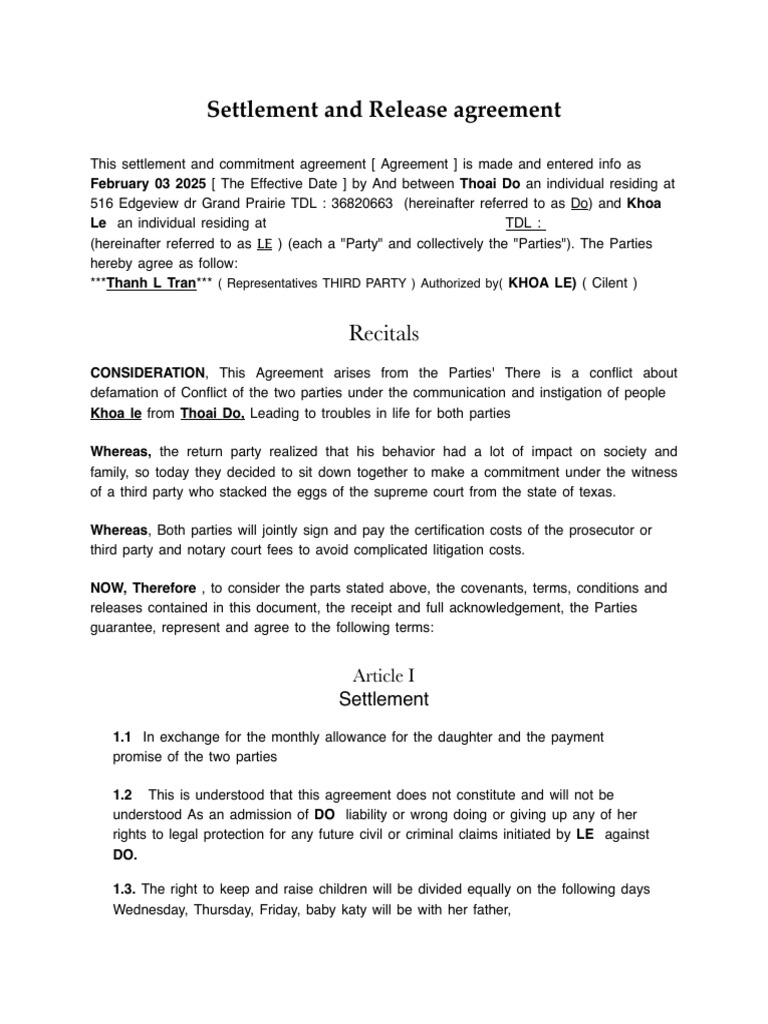 Settlement and Release Agreement Overview | PDF | Settlement ...