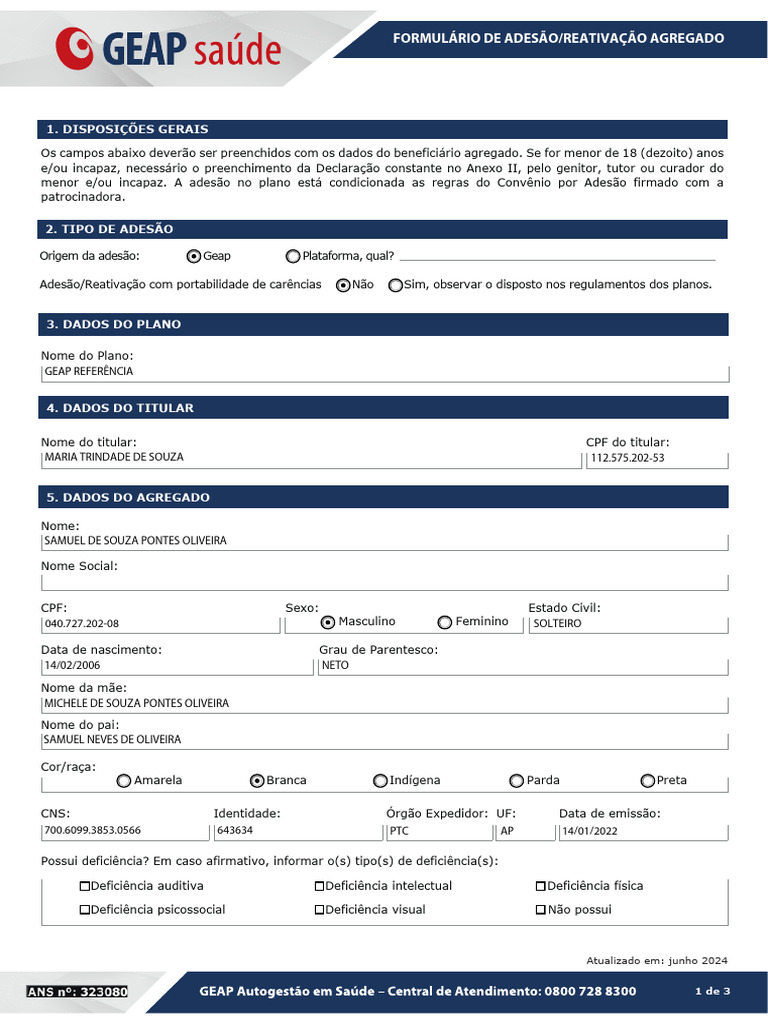 Formulário de Adesão ao Plano GEAP | PDF