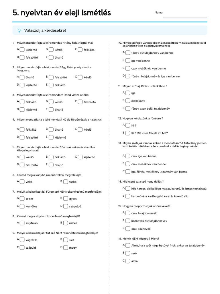 5 Nyelvtan Év Eleji Ismétlés Quiz | PDF