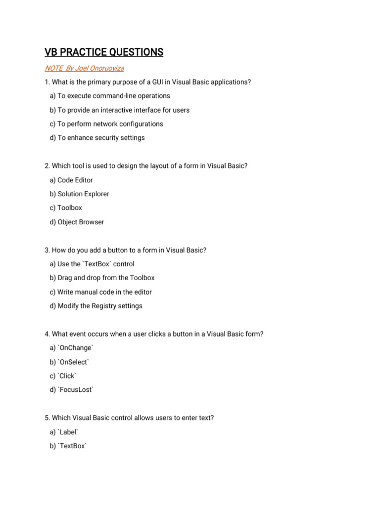 Visual Basic Practice Questions Guide | PDF