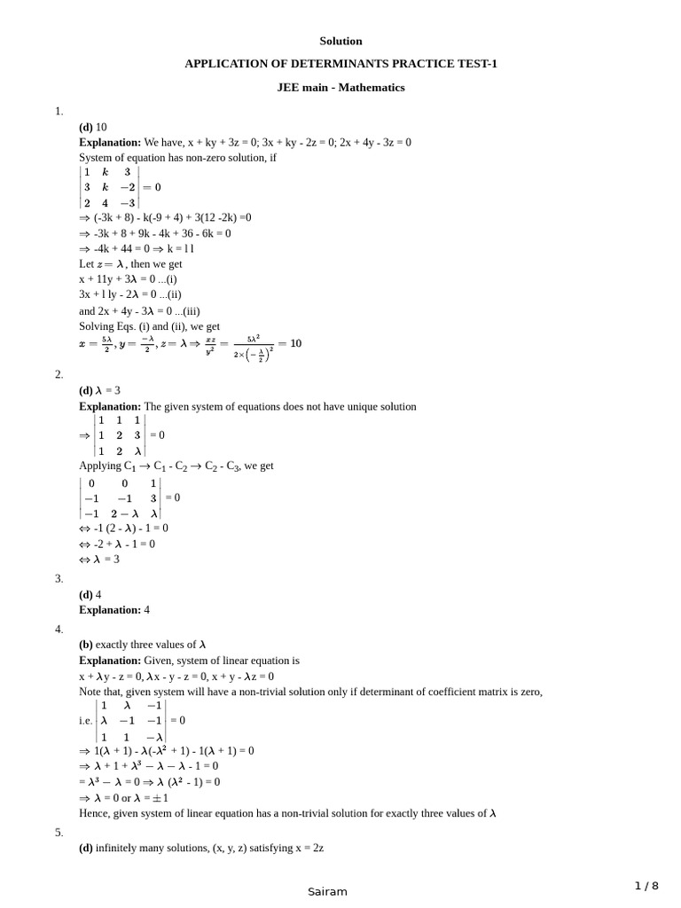 Matrices and Determinant Jee Grand Test-solution | PDF | Determinant ...