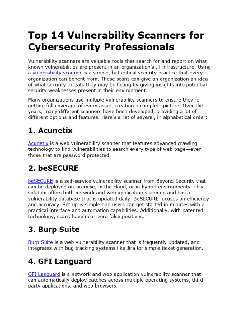 Top 14 Vulnerability Scanners Reviewed | PDF | Penetration Test | Security