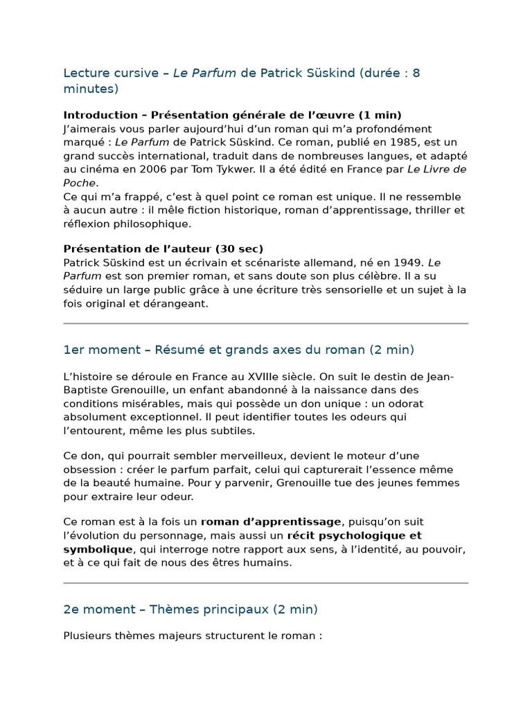Lecture cursive : Le Parfum de Süskind | PDF | Odeur | Romans