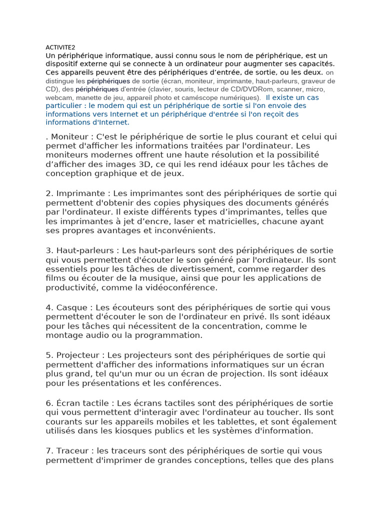 Périphériques de sortie : 10 exemples clés | PDF | USB | Imprimante ...