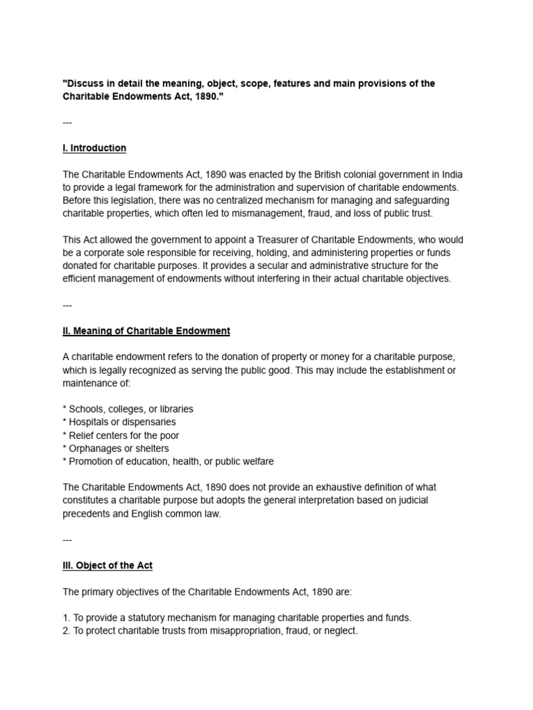 Overview of Charitable Endowments Act, 1890 | PDF | Charitable ...