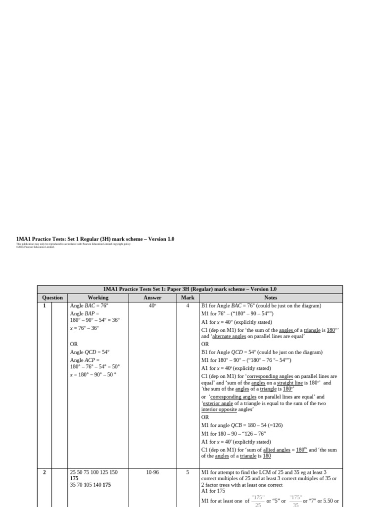 1MA1 Practice Test 3H Mark Scheme | PDF | Triangle | Mathematics