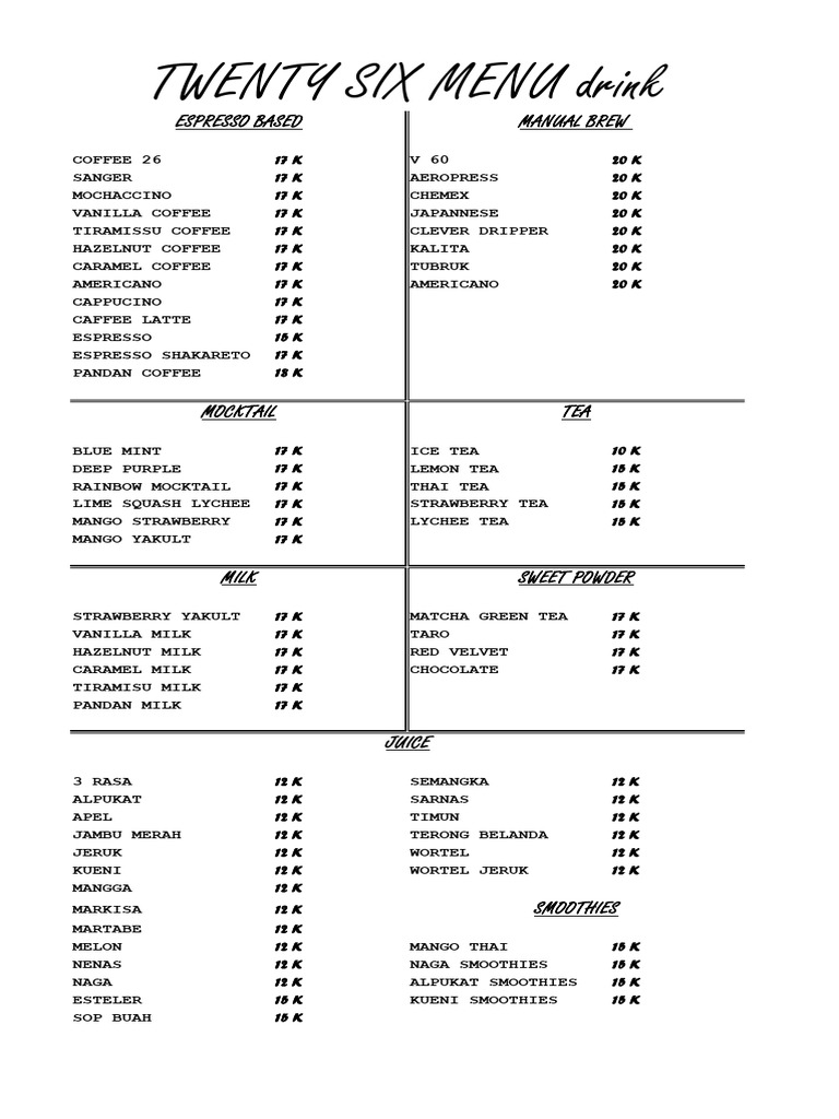 Menu Twenty 2 | PDF | Cuisine | Caffeinated Drinks