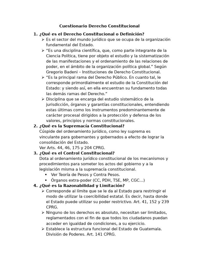 Cuestionario sobre Derecho Constitucional | PDF | Constitución | Ley ...