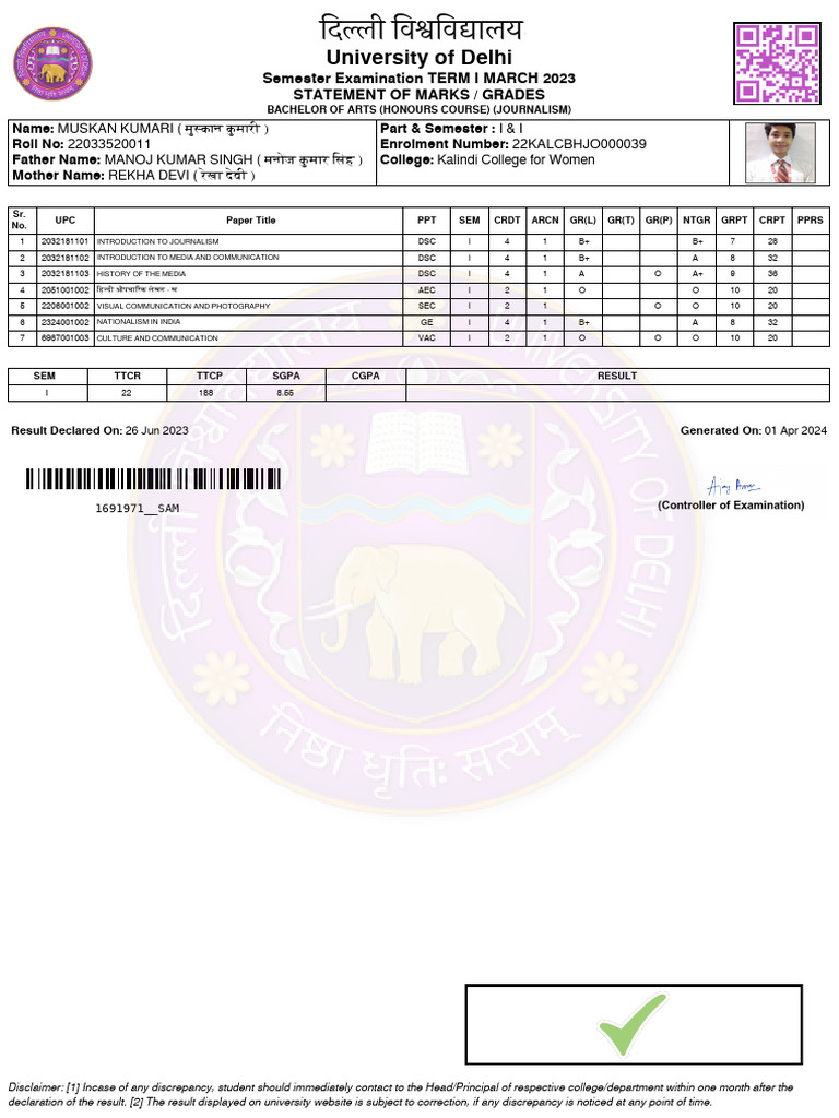 University of Delhi: Semester Examination TERM I MARCH 2023 Statement ...