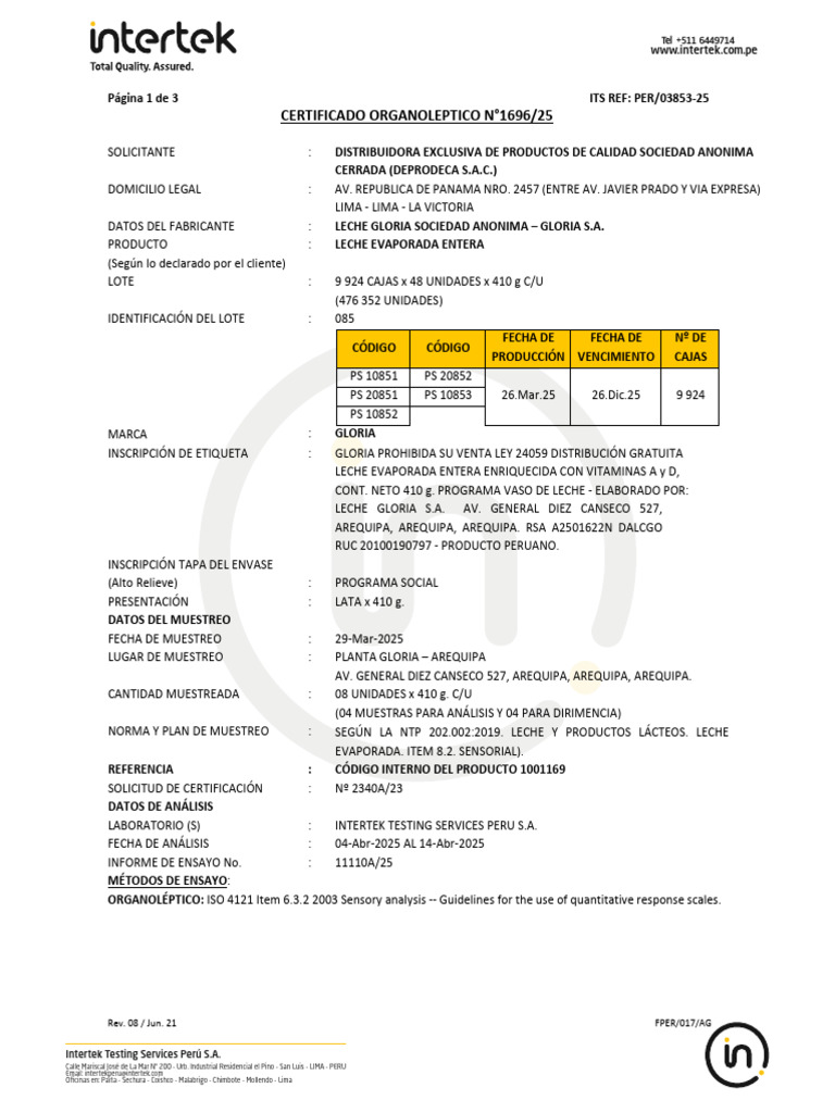03853-25 Lote 089 1001169 Organoleptico | PDF | Leche | Productos ...