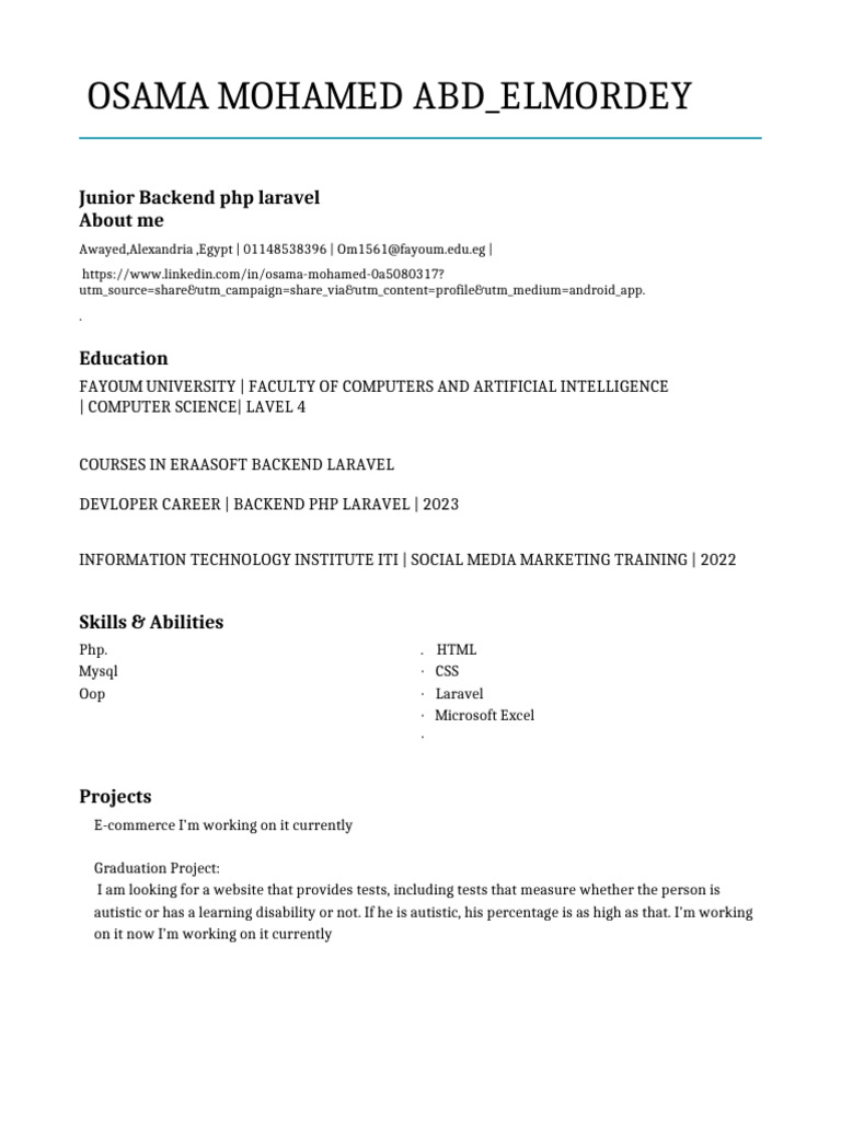 Junior PHP Laravel Developer Profile | PDF