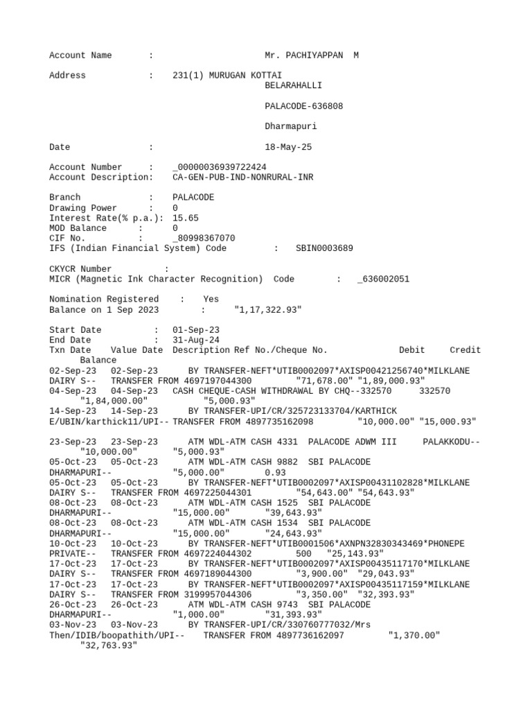 Account Statement for Mr. Pachiyappan M | PDF | Banking | Financial ...
