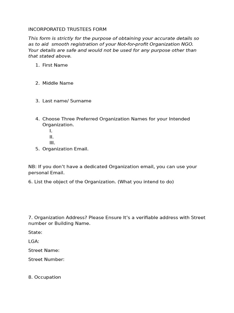 NGO Registration Trustees Form | PDF