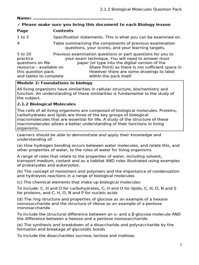 Copy of 2.1.2 Biological Molecules Question Pack 2015 | PDF ...