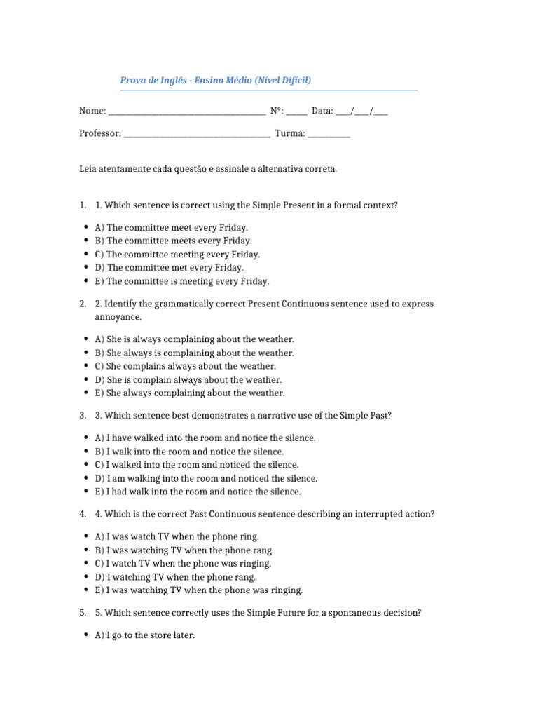 Prova de Inglês Difícil para Ensino Médio | PDF | Linguistics ...