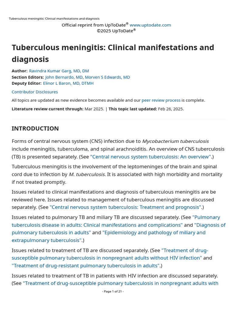 Tuberculous Meningitis Diagnosis Guide | PDF | Meningitis | Tuberculosis