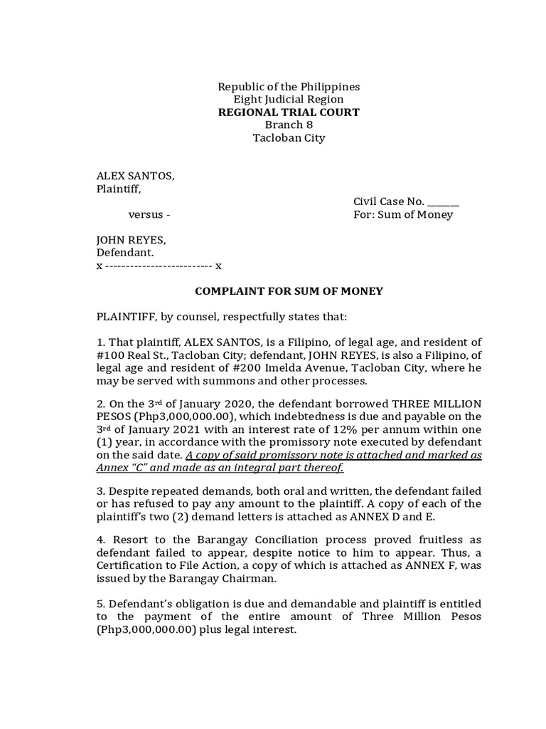 Complaint For Sum of Money Civil Case 2 FINAL EXAM | PDF | Affidavit ...
