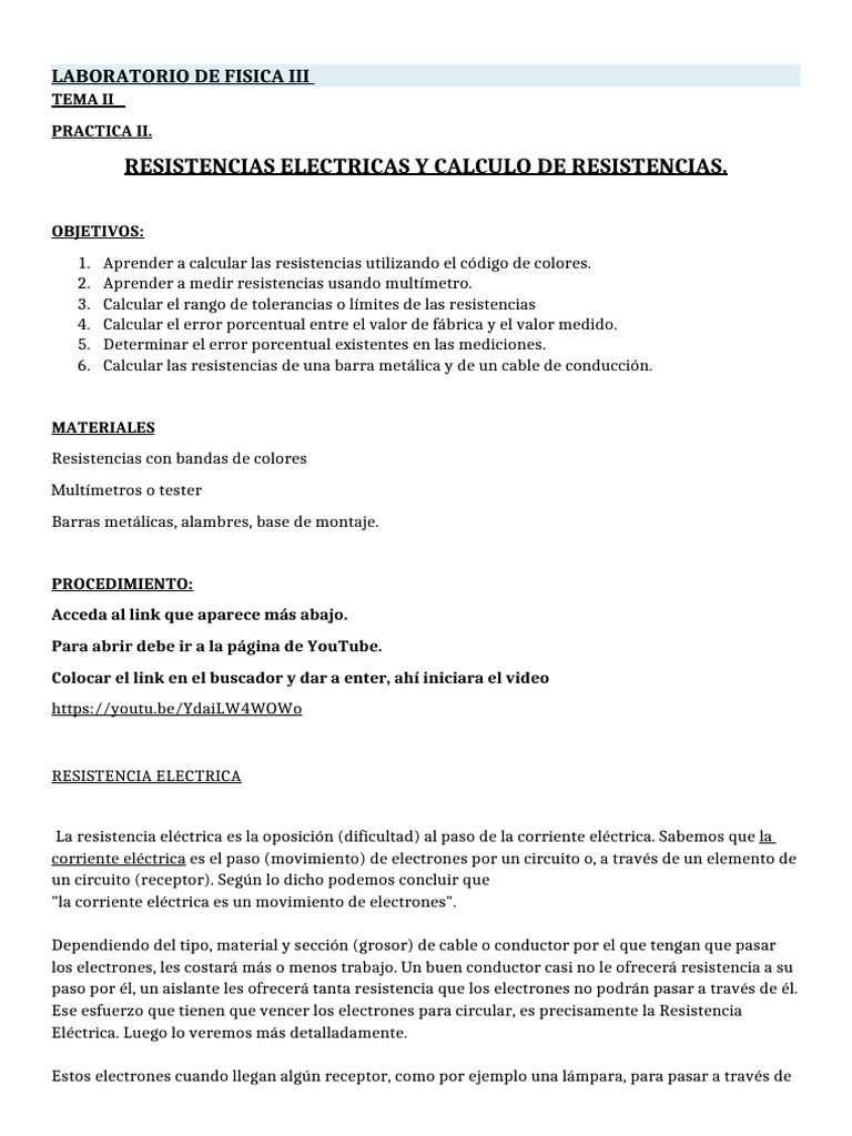 Cálculo y Medición de Resistencias Eléctricas | PDF | Resistencia ...