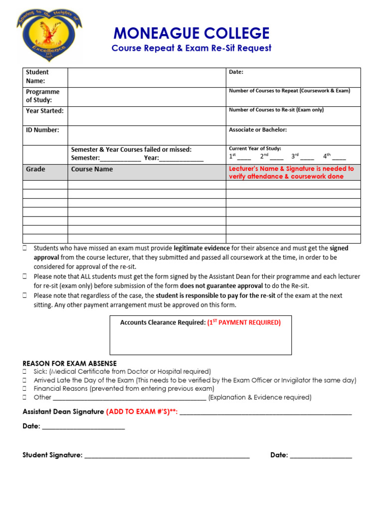 Moneague College Exam Re-Sit Request Form | PDF