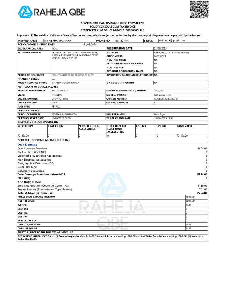 Private Car Standalone Damage Policy | PDF | Insurance
