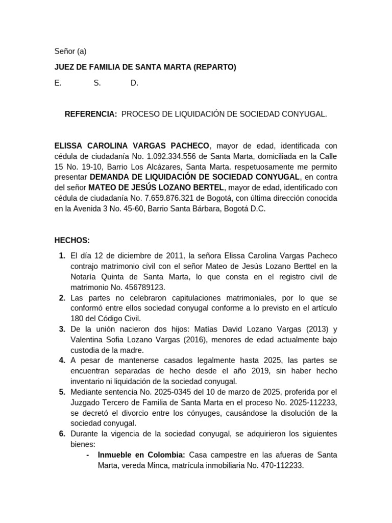Demanda de Liquidación de Sociedad Conyugal | PDF | Propiedad de la