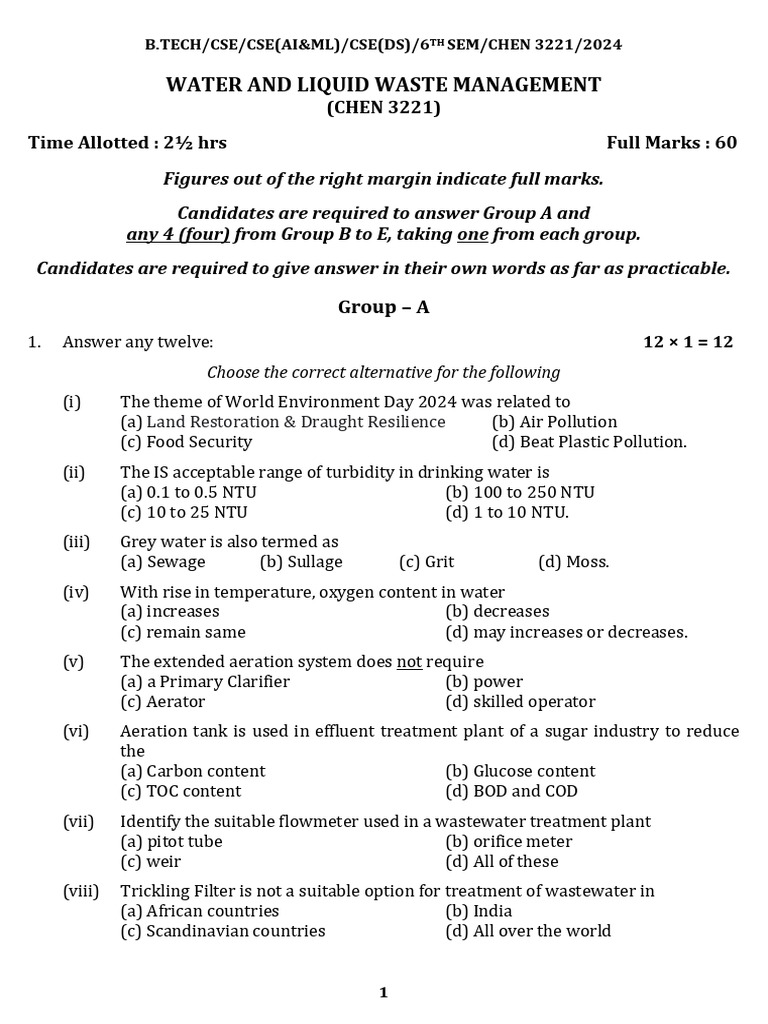 Water and Liquid Waste Management Exam | PDF | Sewage Treatment | Water ...