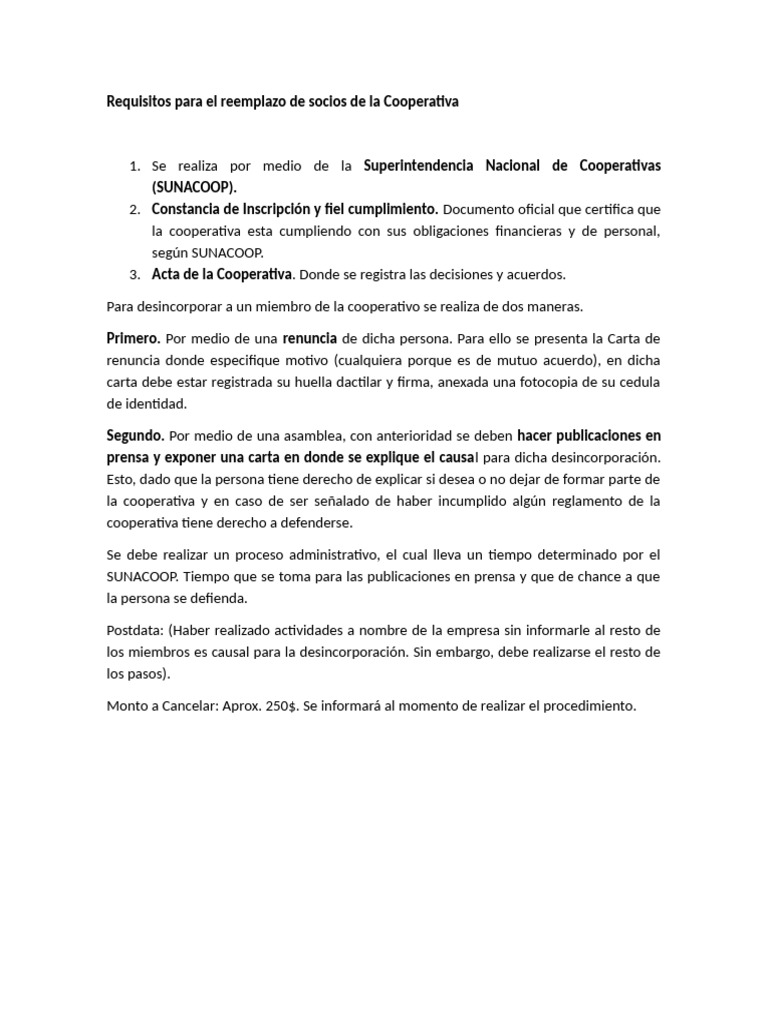 Requisitos para El Reemplazo de Socios de La Cooperativa | PDF