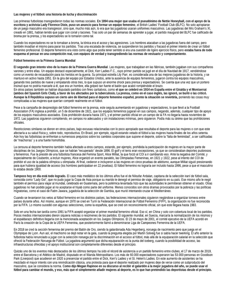 Historia del fútbol femenino y su lucha | PDF | Asociación de Futbol ...