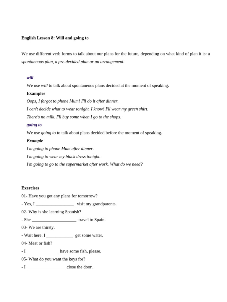 Future Tense: Will vs. Going To | PDF | Grammar | Linguistics
