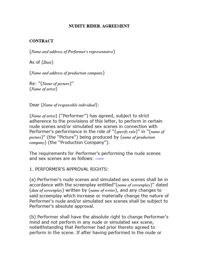 Nudity Rider Agreement for Performers | PDF | Nudity | Photograph