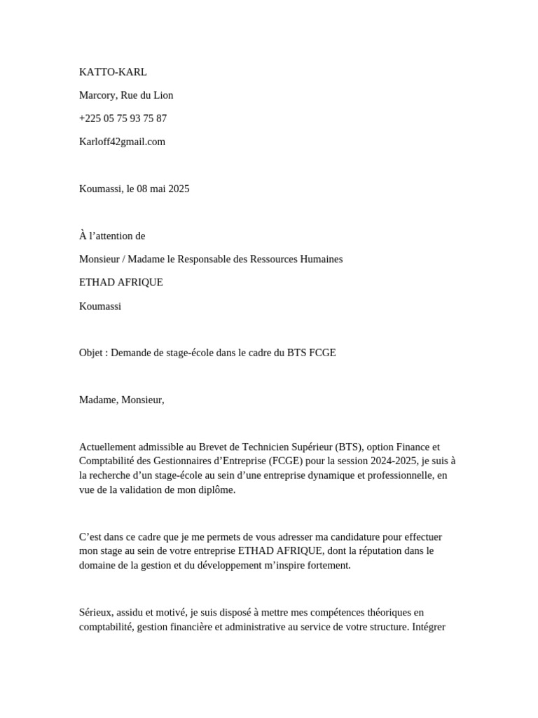 Demande de stage BTS FCGE chez ETHAD | PDF