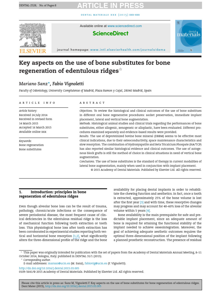Bone Substitutes for Ridge Regeneration | PDF | Dental Implant | Bone