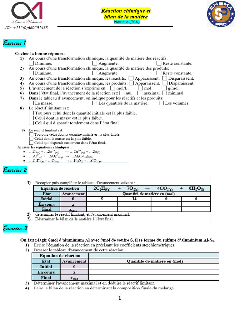 Exercices corrigés sur le bilan de matière | PDF