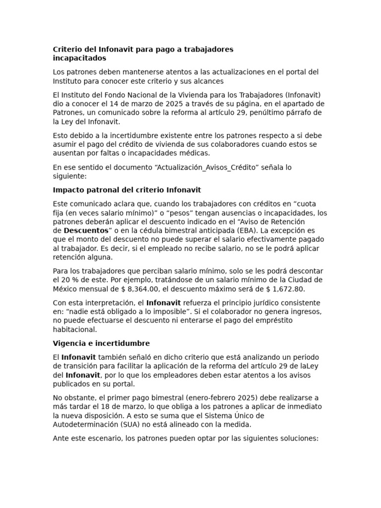 Criterio Del Infonavit para Pago A Trabajadores Incapacitados | PDF ...