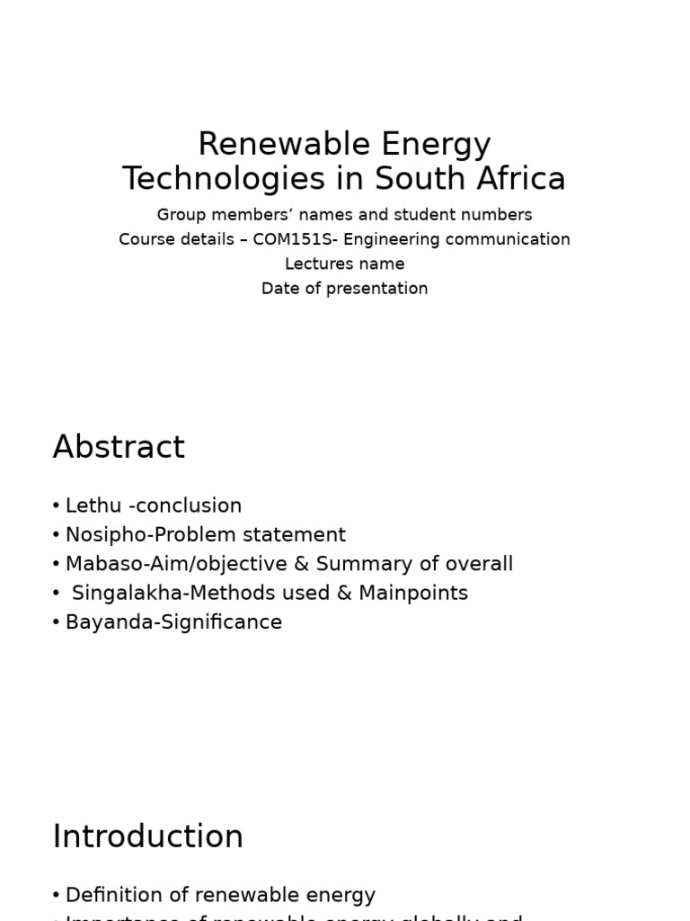 Renewable Energy Technologies in South Africa | PDF
