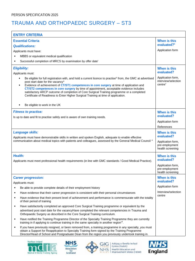 ST3 Trauma and Orthopaedic Criteria 2025 | PDF | Surgery | Medicine