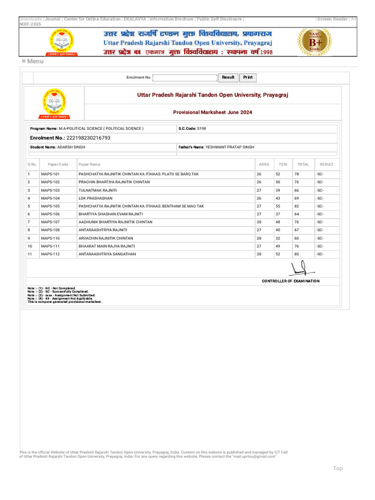 UPRTOU Provisional Marksheet June 2024 | PDF