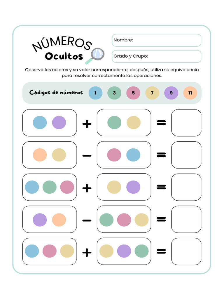 Hoja de Trabajo Números Ocultos de Sumas y Restas Imprimible Colorido | PDF