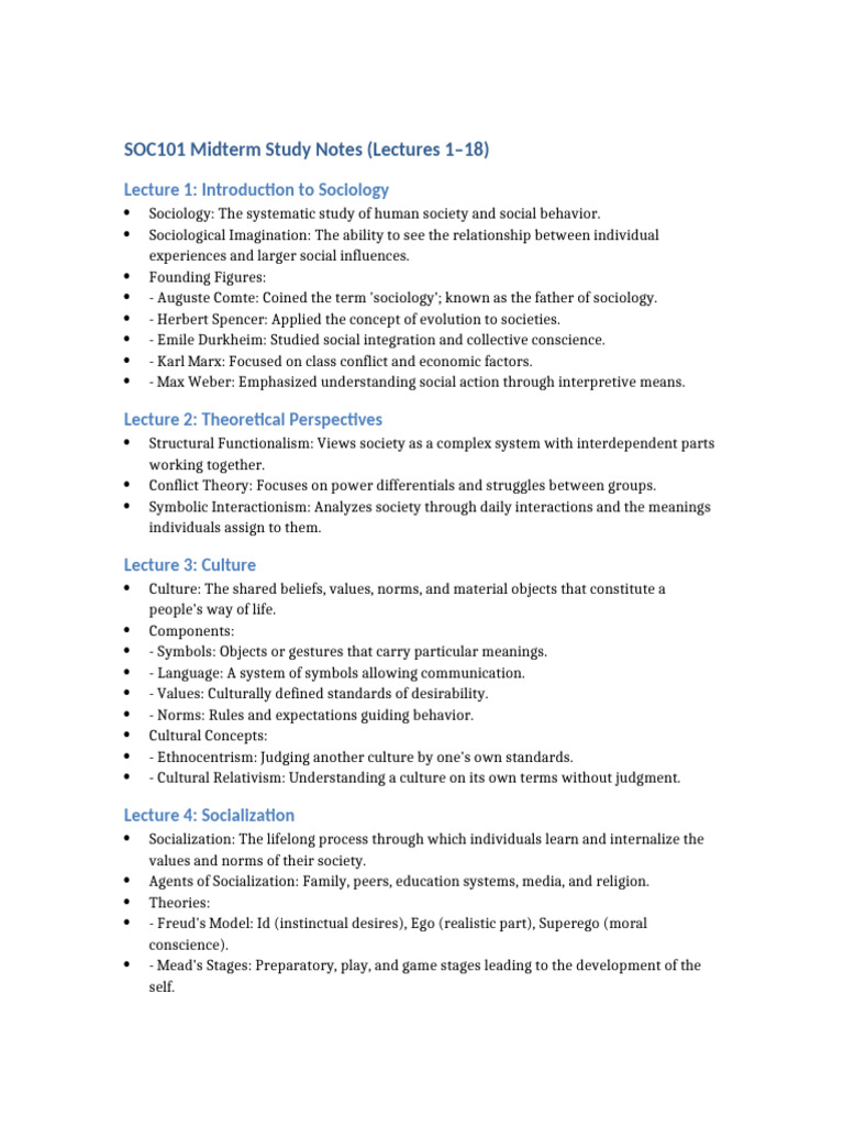 SOC101 Midterm Study Notes Overview | PDF