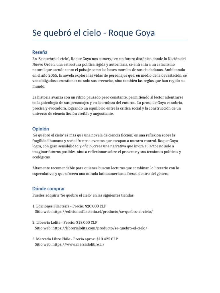 Se Quebro El Cielo Resena Opinion Puntos Venta | PDF