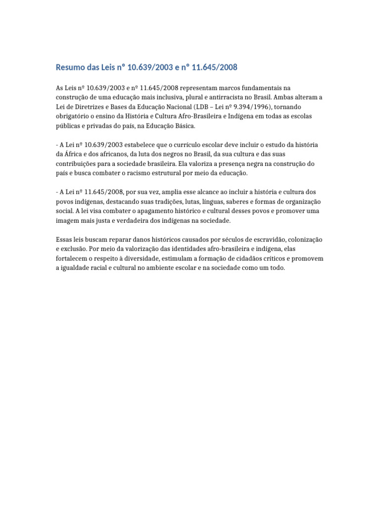 Leis 10.639/2003 e 11.645/2008: Educação Inclusiva | PDF