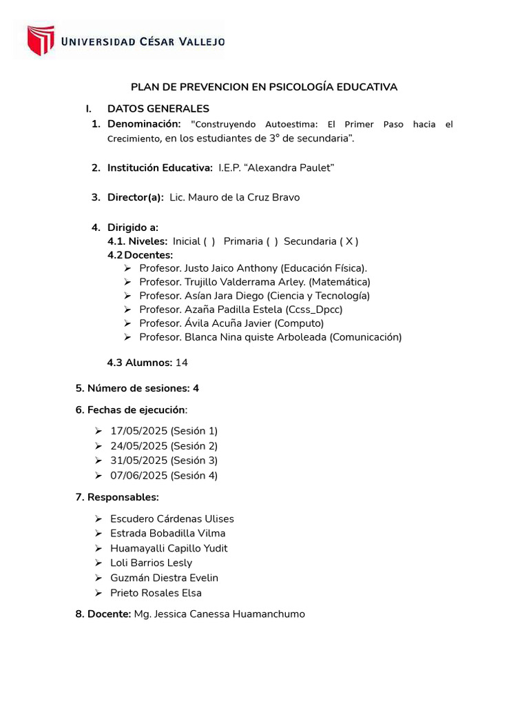Plan de Intervencion en PDF | PDF | Autoestima | Sicología